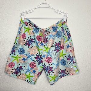Peter Millar Tropical Swim Trunk Blue Green Floral Star Fish Summer Board Short